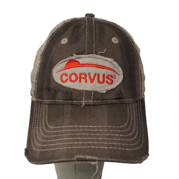 Corvus Bayer Strapback Hat Brown OSFA Farmer Embroidered Logo Distressed - Picture 1 of 12